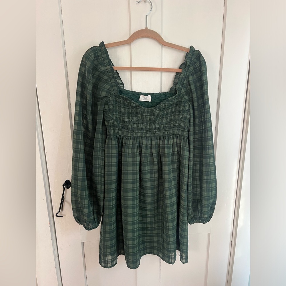 Bobbles and Lace Green Plaid Long Sleeve Dress